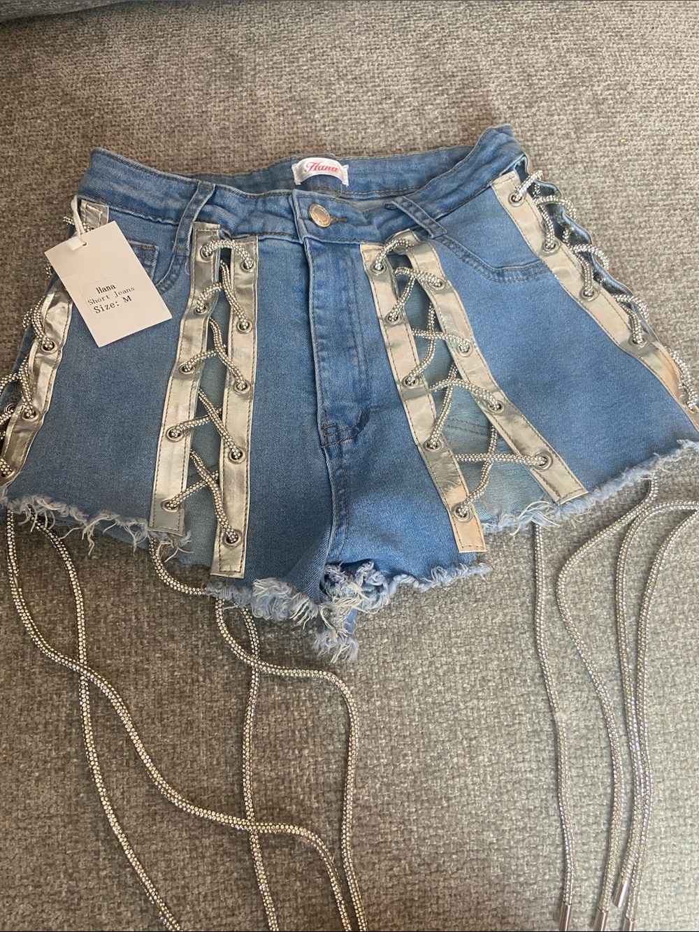 Denim Lace-Up Distressed High-Waist Shorts in Blue Hana size  medium